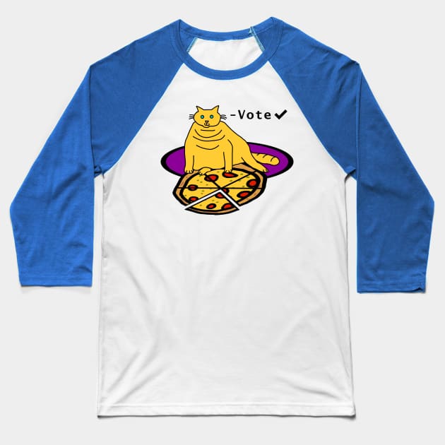 Chonk Cat with Pizza says Vote Baseball T-Shirt by ellenhenryart